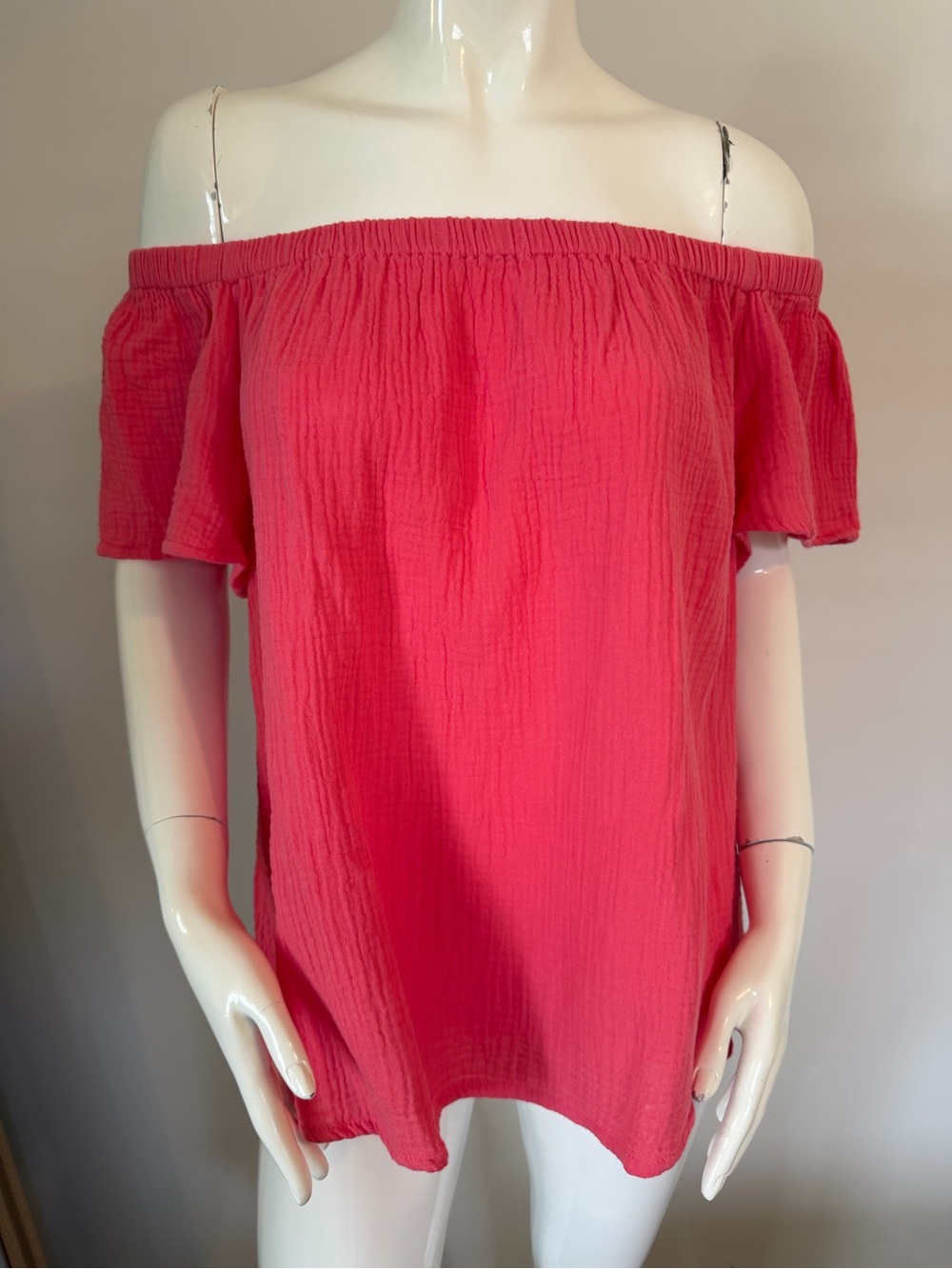 Off-Shoulder Ruffle Sleeve Top - Coral pink